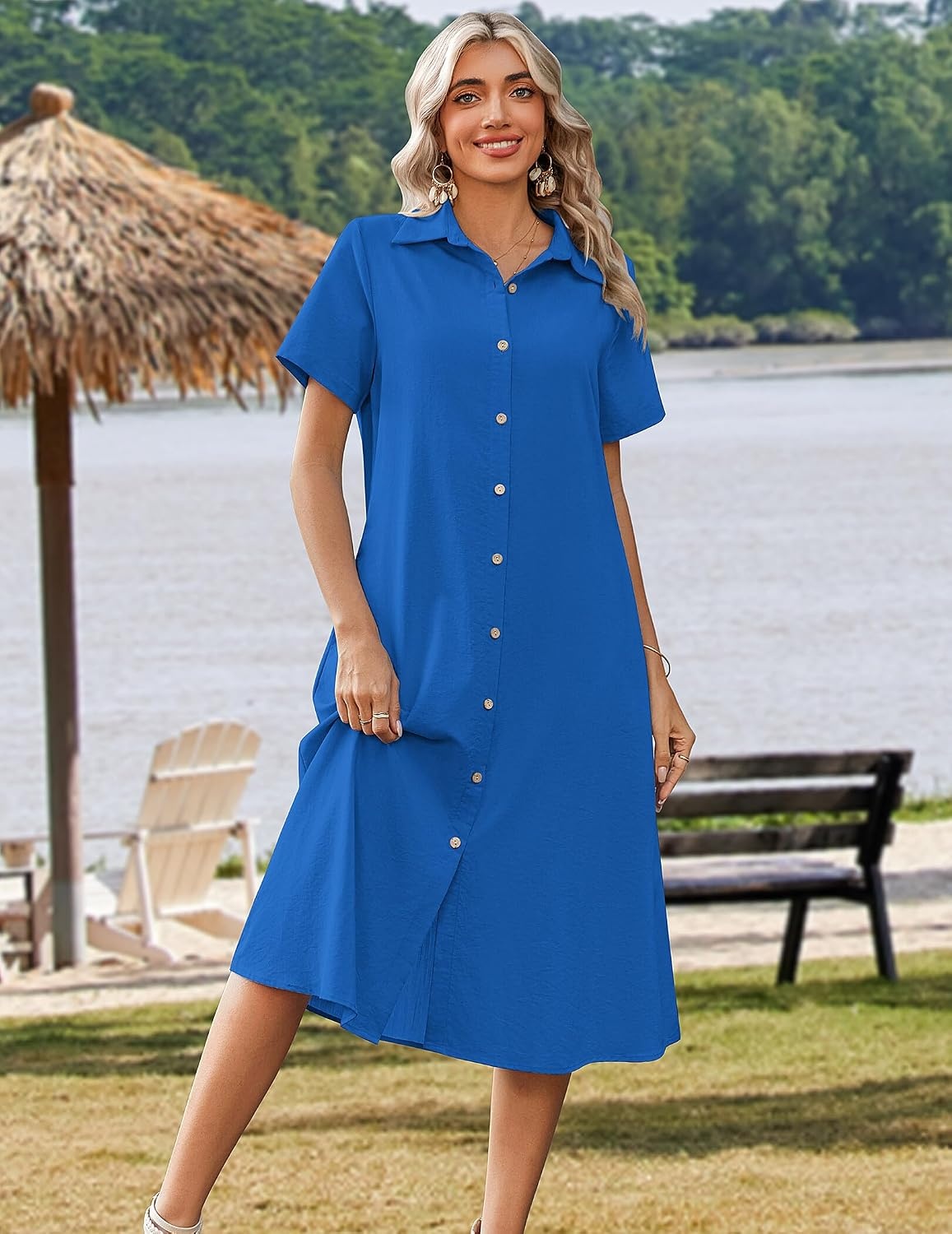 image:imageZeagoo Summer Dresses for Women 2026 Button Down Shirt Dresses Aline Long Sundress Short Sleeve Beach Travel Cover UpRoyal Blue