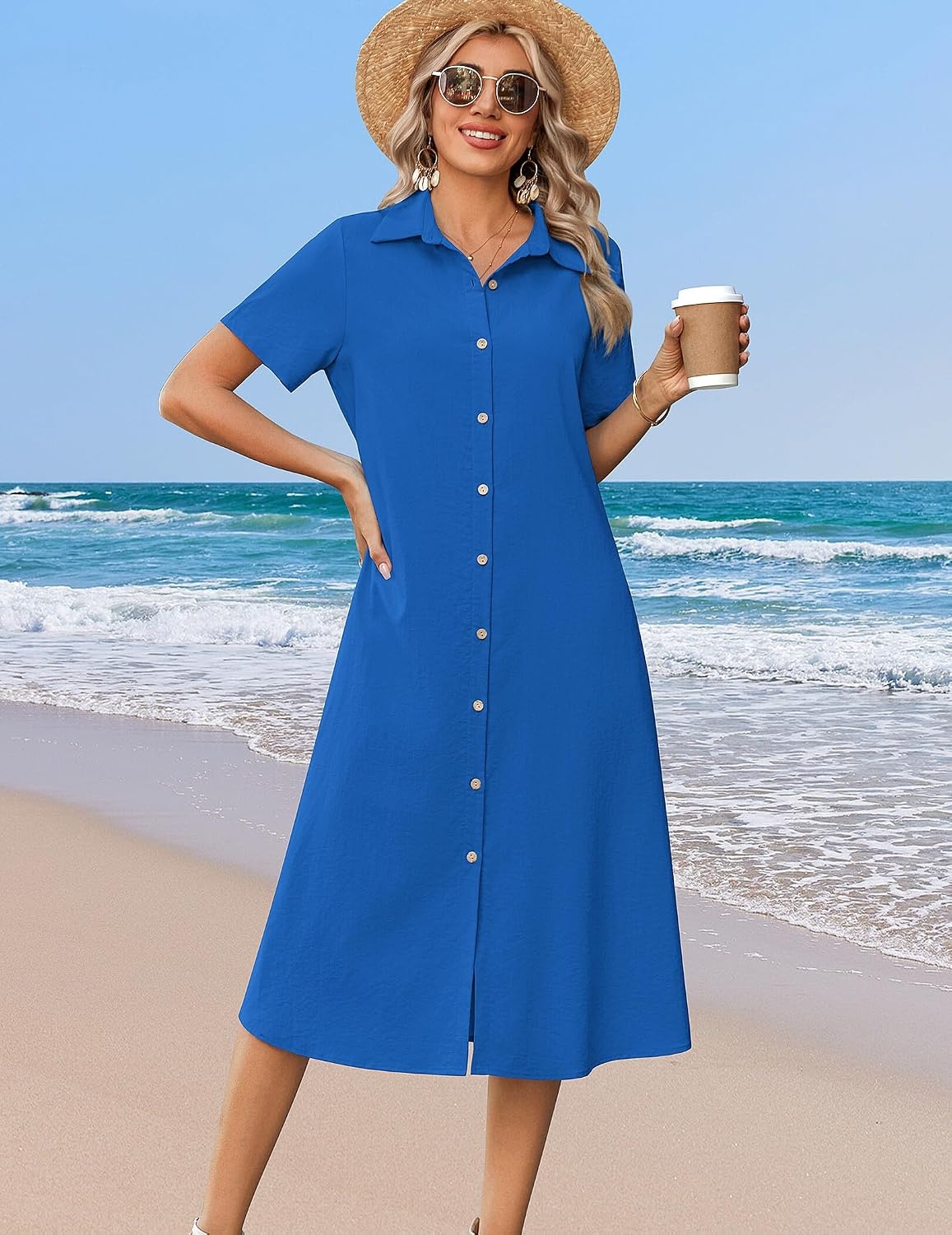 image:imageZeagoo Summer Dresses for Women 2026 Button Down Shirt Dresses Aline Long Sundress Short Sleeve Beach Travel Cover UpRoyal Blue
