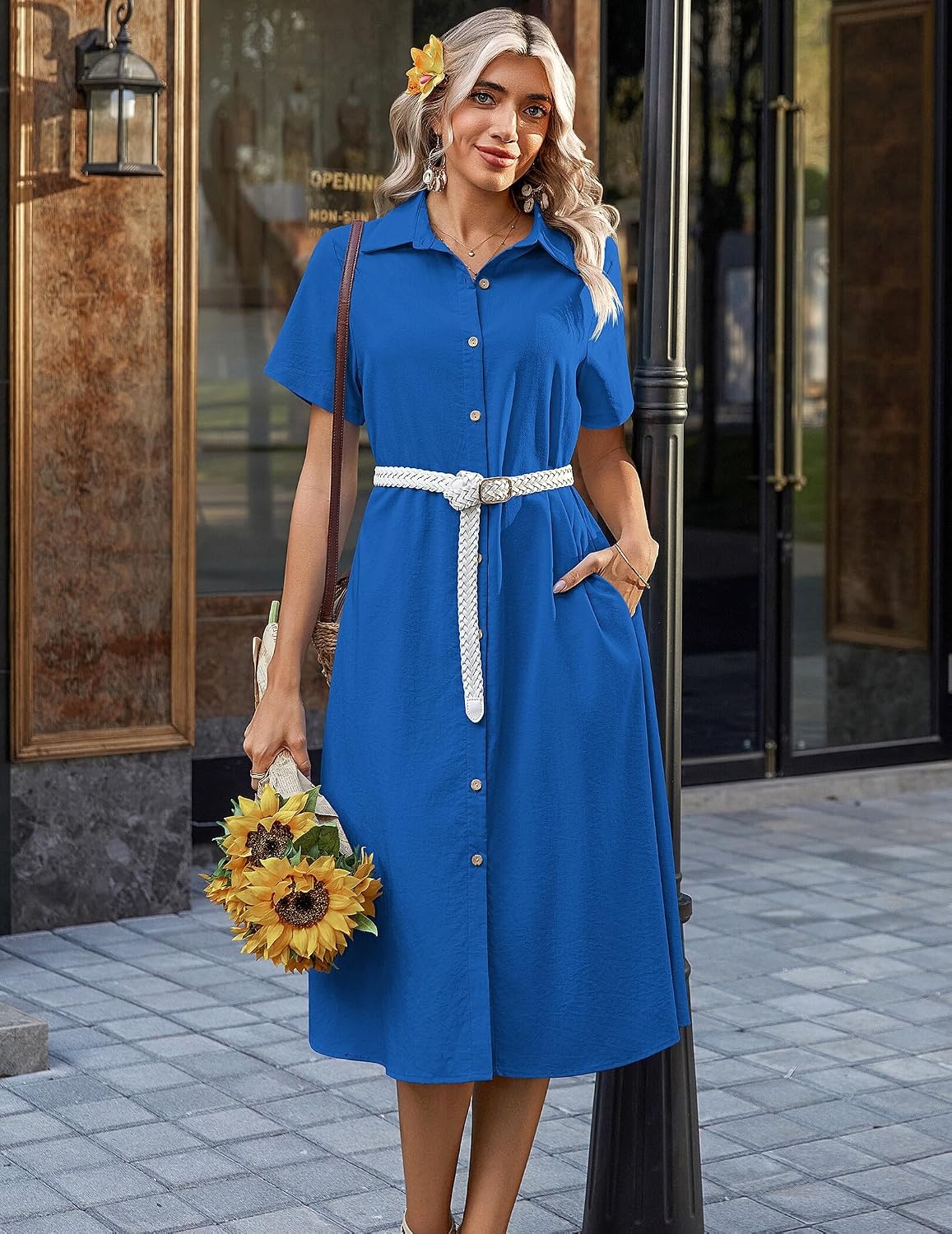 image:imageZeagoo Summer Dresses for Women 2026 Button Down Shirt Dresses Aline Long Sundress Short Sleeve Beach Travel Cover UpRoyal Blue