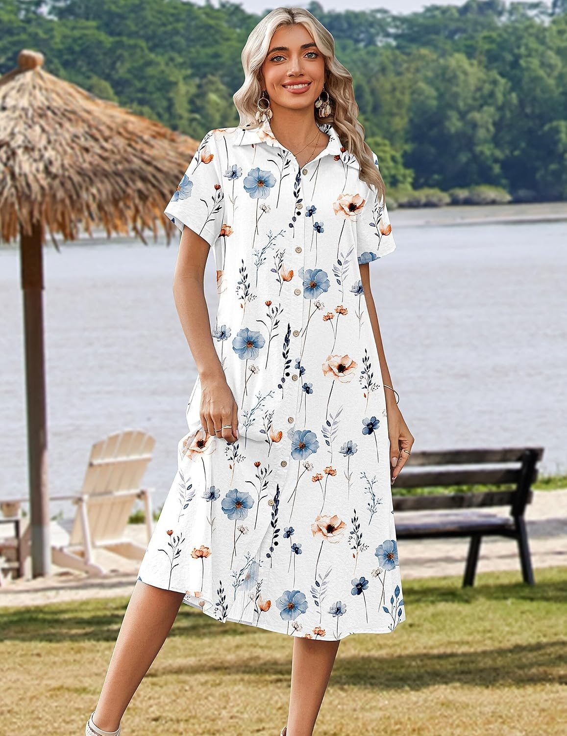 image:imageZeagoo Summer Dresses for Women 2026 Button Down Shirt Dresses Aline Long Sundress Short Sleeve Beach Travel Cover UpWhite Floral