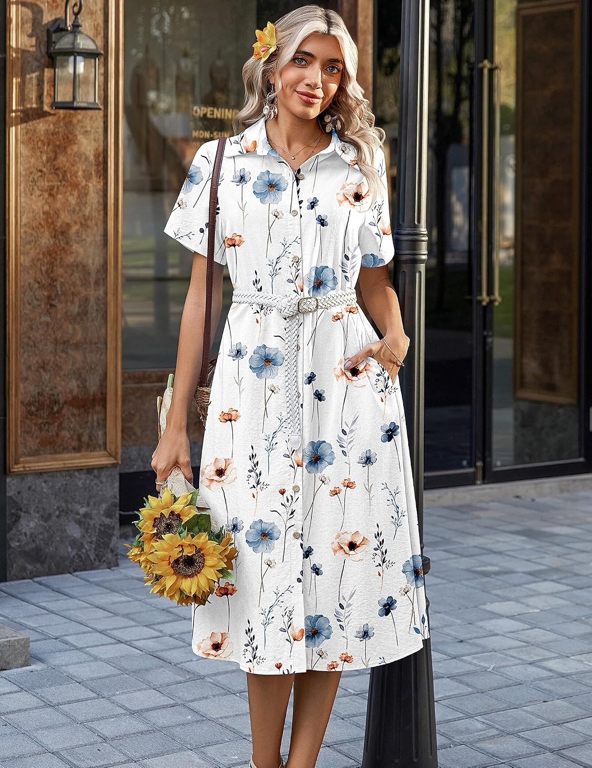 image:imageZeagoo Summer Dresses for Women 2026 Button Down Shirt Dresses Aline Long Sundress Short Sleeve Beach Travel Cover UpWhite Floral