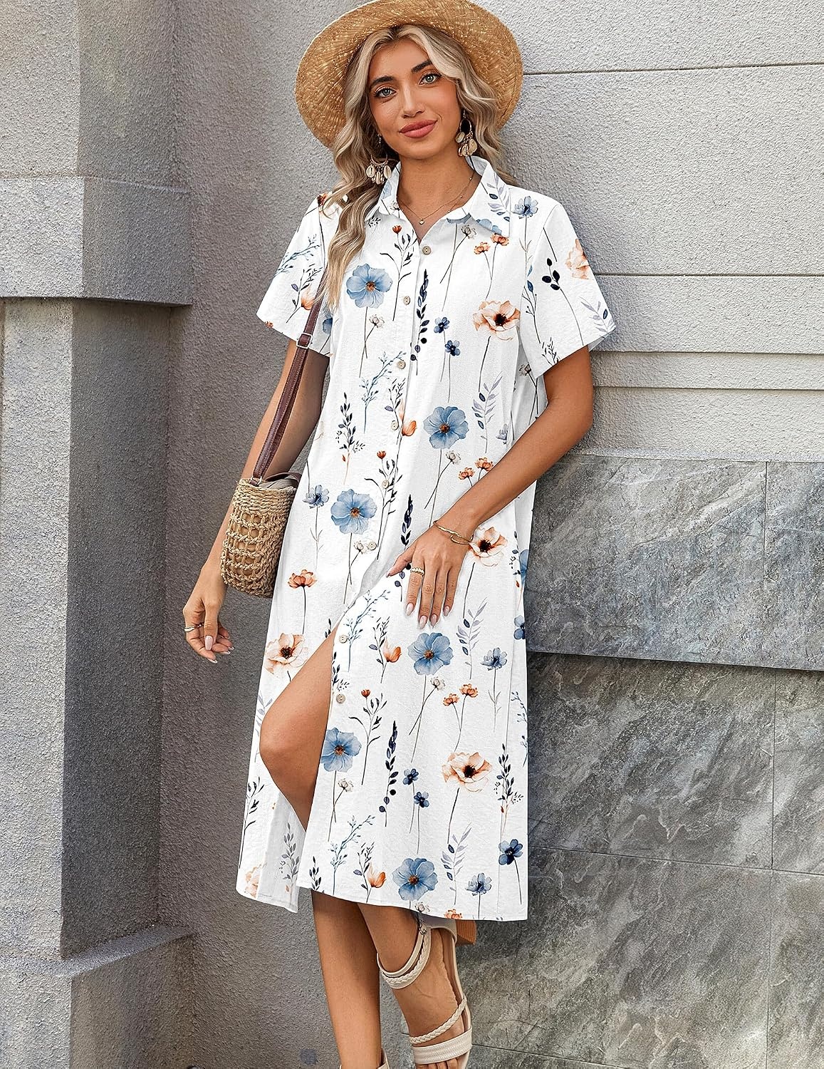 image:imageZeagoo Summer Dresses for Women 2026 Button Down Shirt Dresses Aline Long Sundress Short Sleeve Beach Travel Cover UpWhite Floral