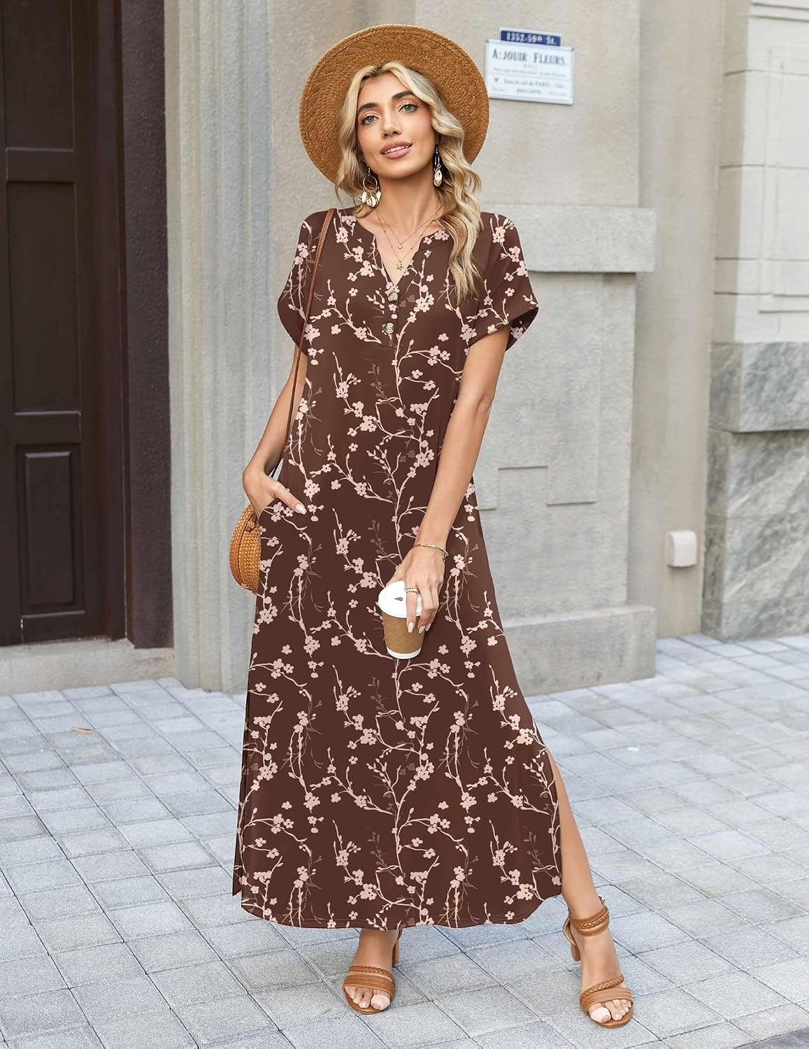 image:imageZeagoo Summer Dresses for Women 2026 Maxi Dresses Vacation Sundress Short Sleeve Casual Sundresses Split Dress with PocketsAfloralxh267