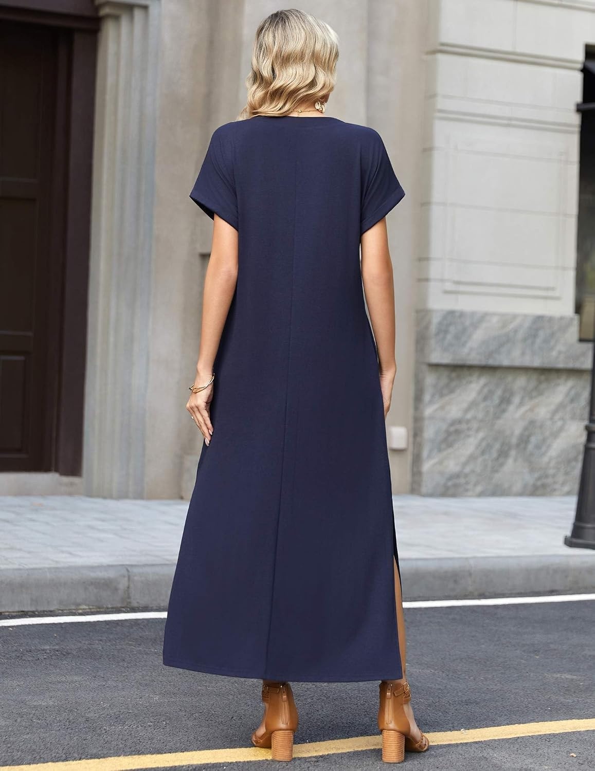 image:imageZeagoo Summer Dresses for Women 2026 Maxi Dresses Vacation Sundress Short Sleeve Casual Sundresses Split Dress with PocketsBlue