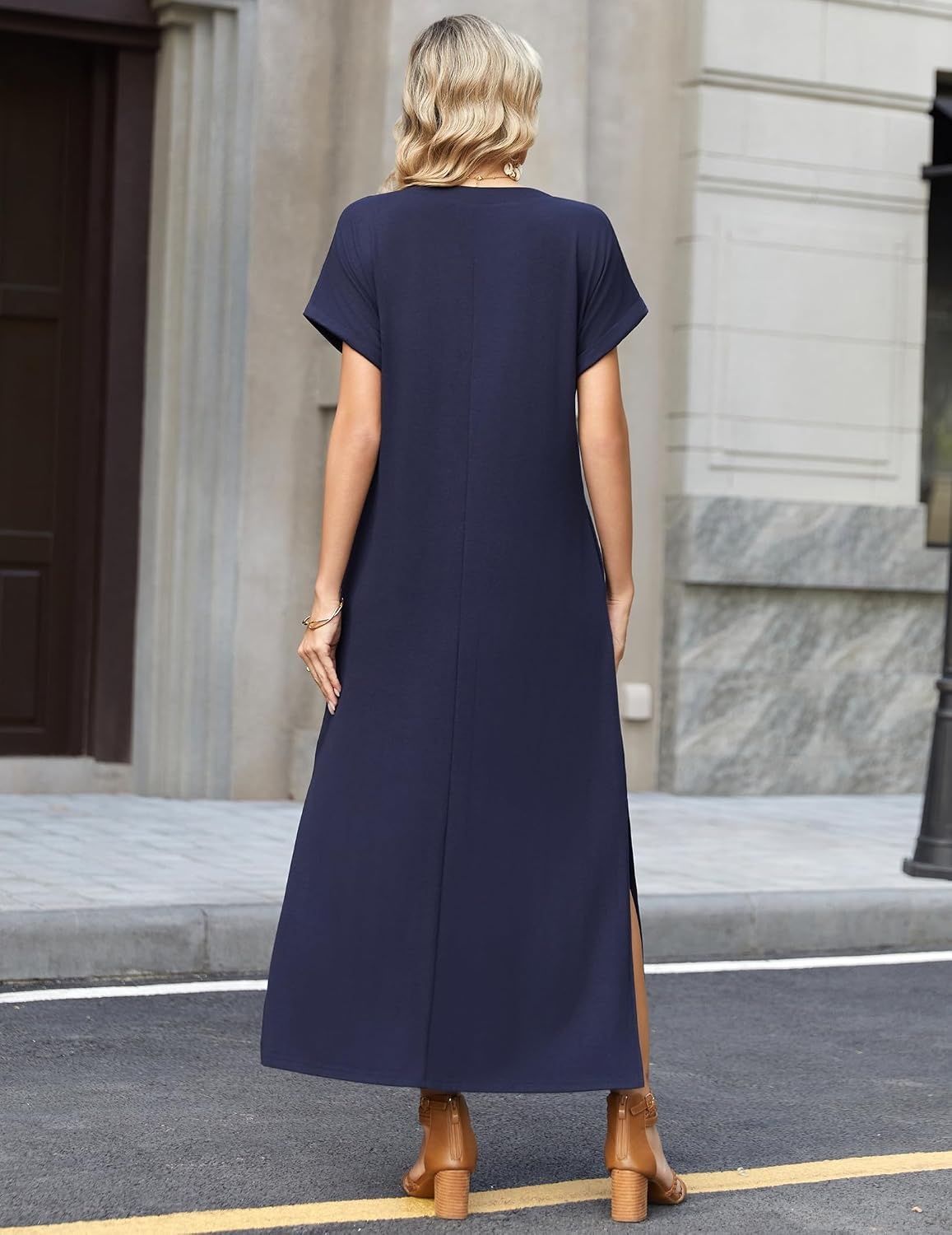 image:imageZeagoo Summer Dresses for Women 2026 Maxi Dresses Vacation Sundress Short Sleeve Casual Sundresses Split Dress with PocketsBlue