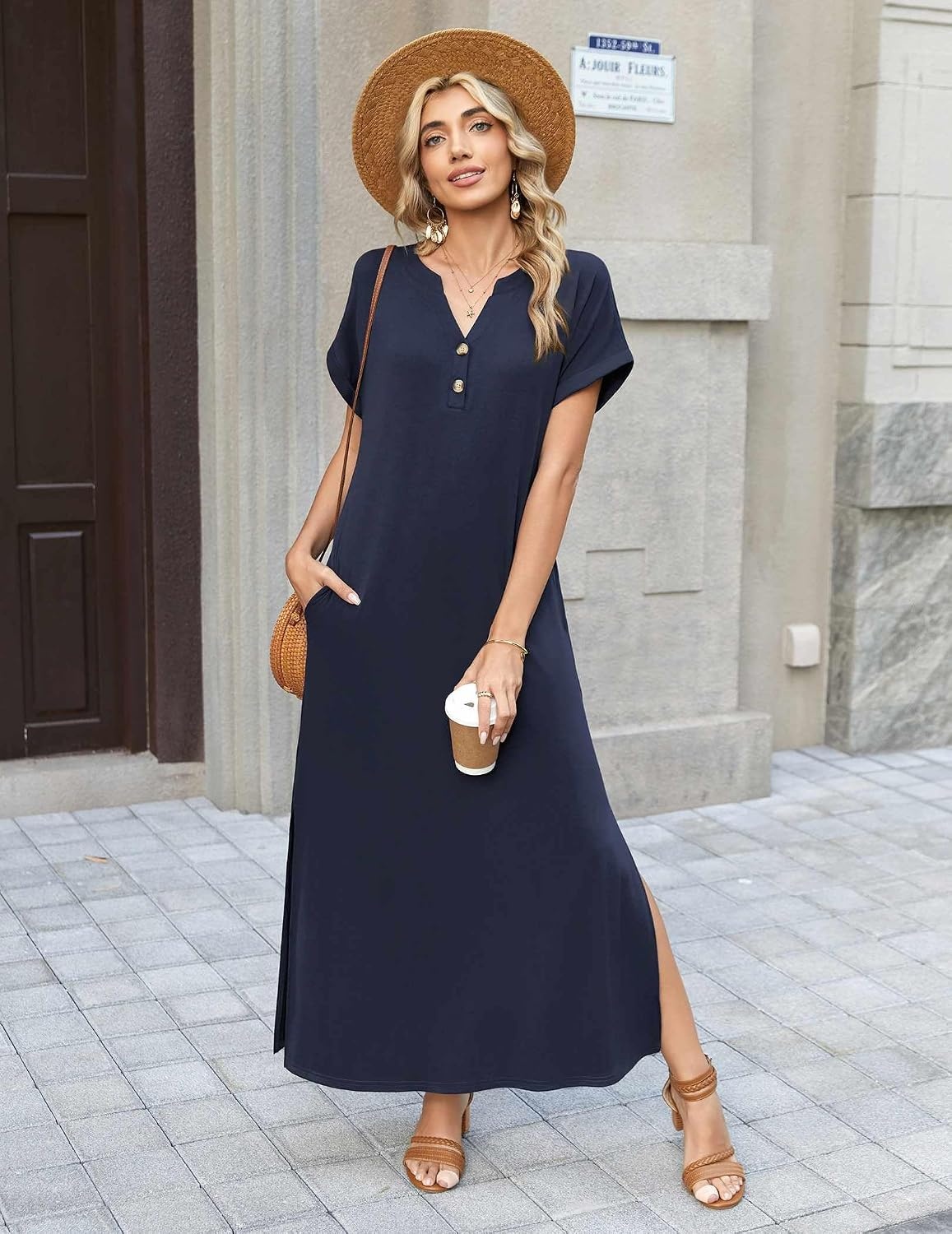 image:imageZeagoo Summer Dresses for Women 2026 Maxi Dresses Vacation Sundress Short Sleeve Casual Sundresses Split Dress with PocketsBlue
