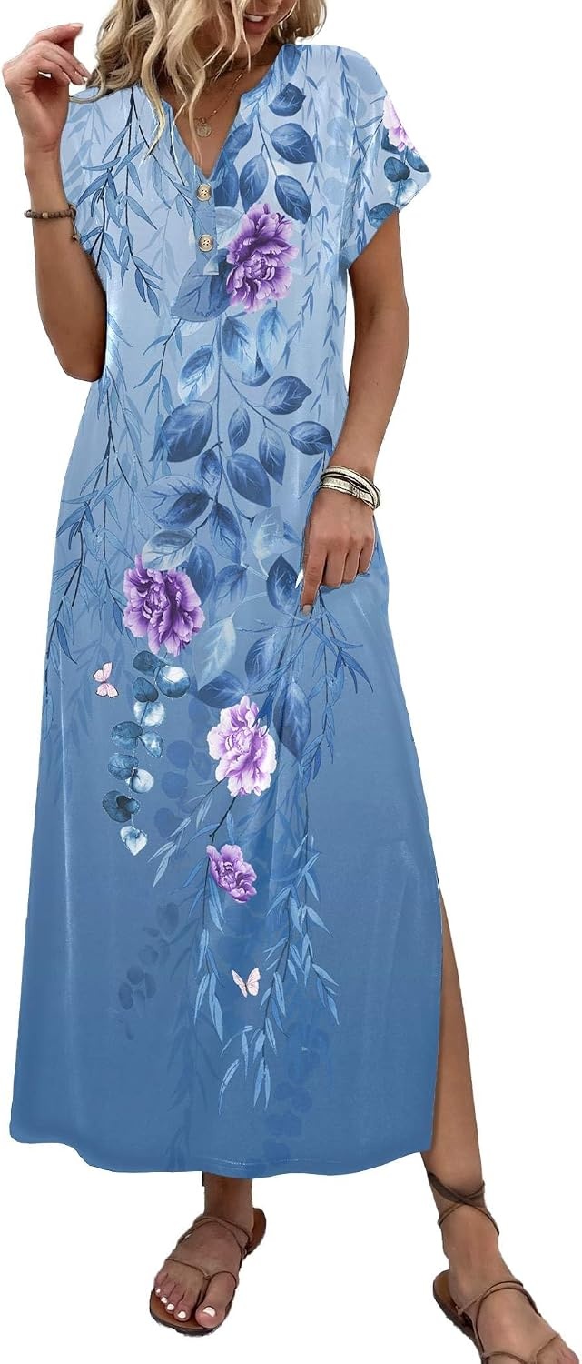 image:imageZeagoo Summer Dresses for Women 2026 Maxi Dresses Vacation Sundress Short Sleeve Casual Sundresses Split Dress with PocketsFloralbf171
