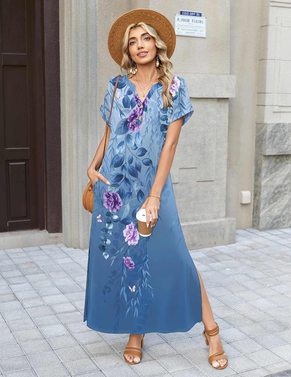 image:imageZeagoo Summer Dresses for Women 2026 Maxi Dresses Vacation Sundress Short Sleeve Casual Sundresses Split Dress with PocketsFloralbf171