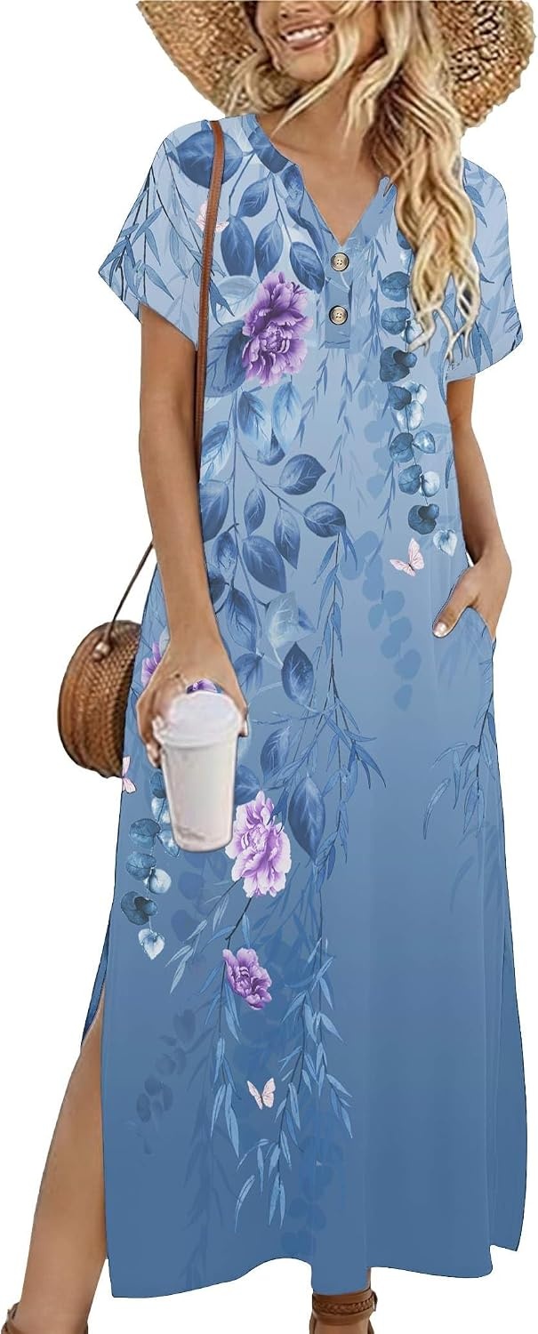 image:imageZeagoo Summer Dresses for Women 2026 Maxi Dresses Vacation Sundress Short Sleeve Casual Sundresses Split Dress with PocketsFloralbf171