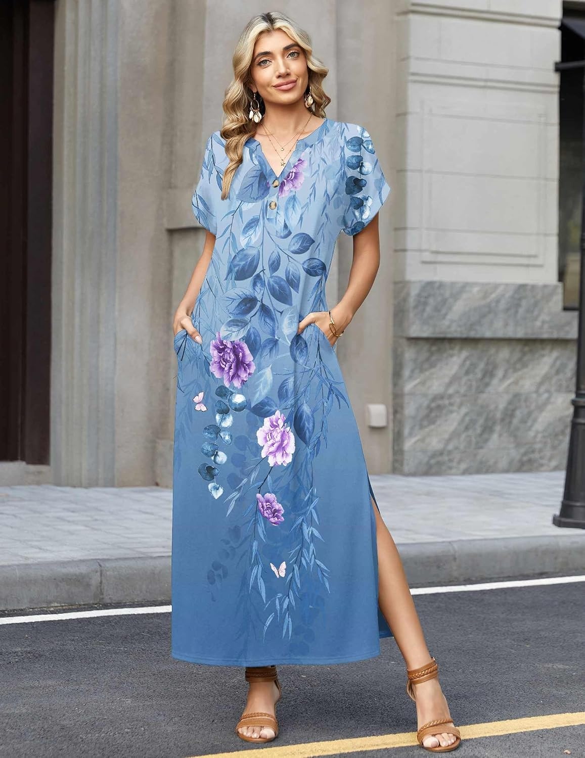 image:imageZeagoo Summer Dresses for Women 2026 Maxi Dresses Vacation Sundress Short Sleeve Casual Sundresses Split Dress with PocketsFloralbf171