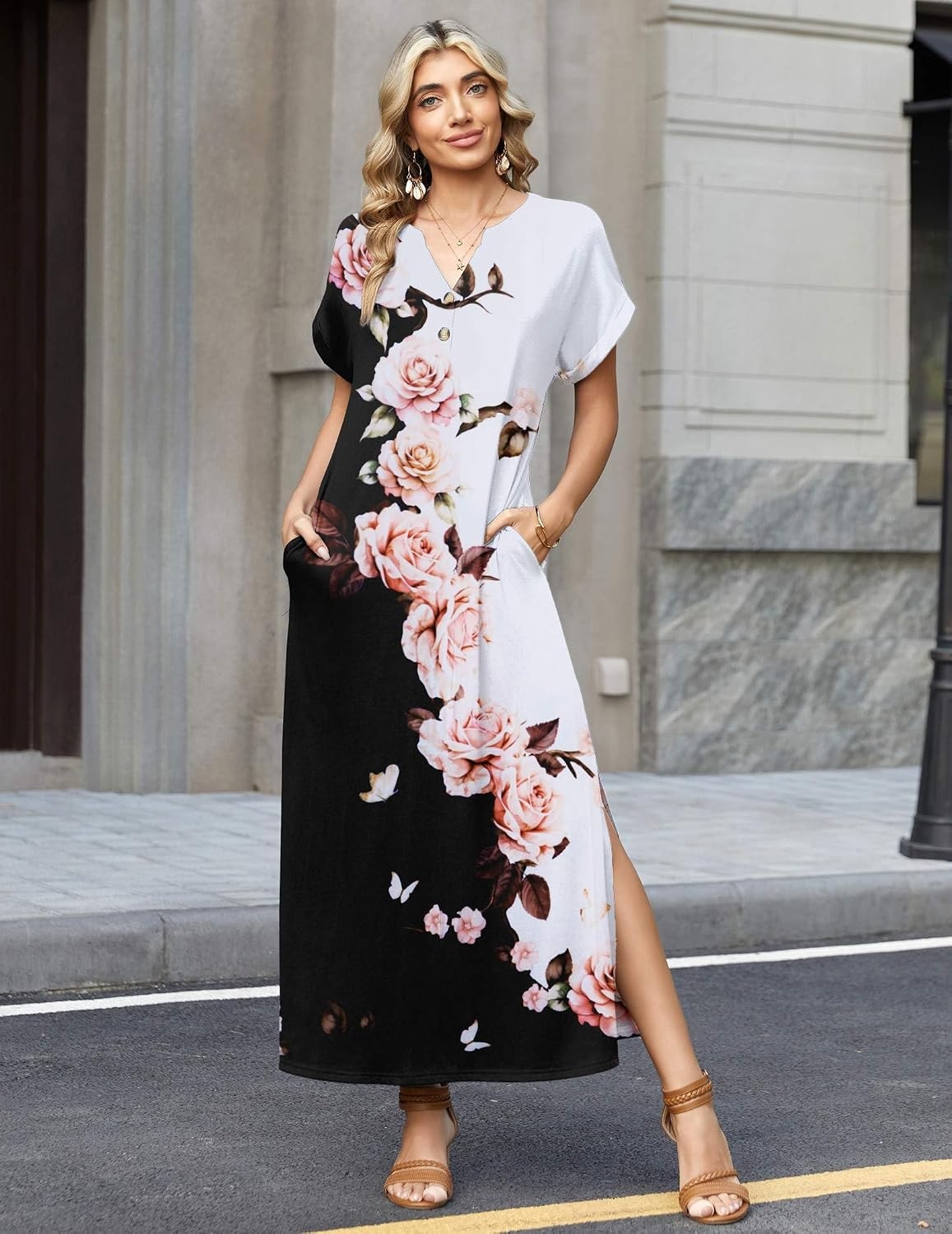 image:imageZeagoo Summer Dresses for Women 2026 Maxi Dresses Vacation Sundress Short Sleeve Casual Sundresses Split Dress with PocketsFloralbf348