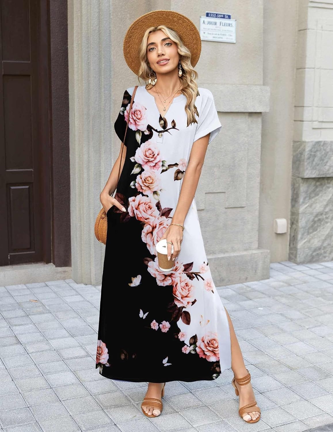 image:imageZeagoo Summer Dresses for Women 2026 Maxi Dresses Vacation Sundress Short Sleeve Casual Sundresses Split Dress with PocketsFloralbf348