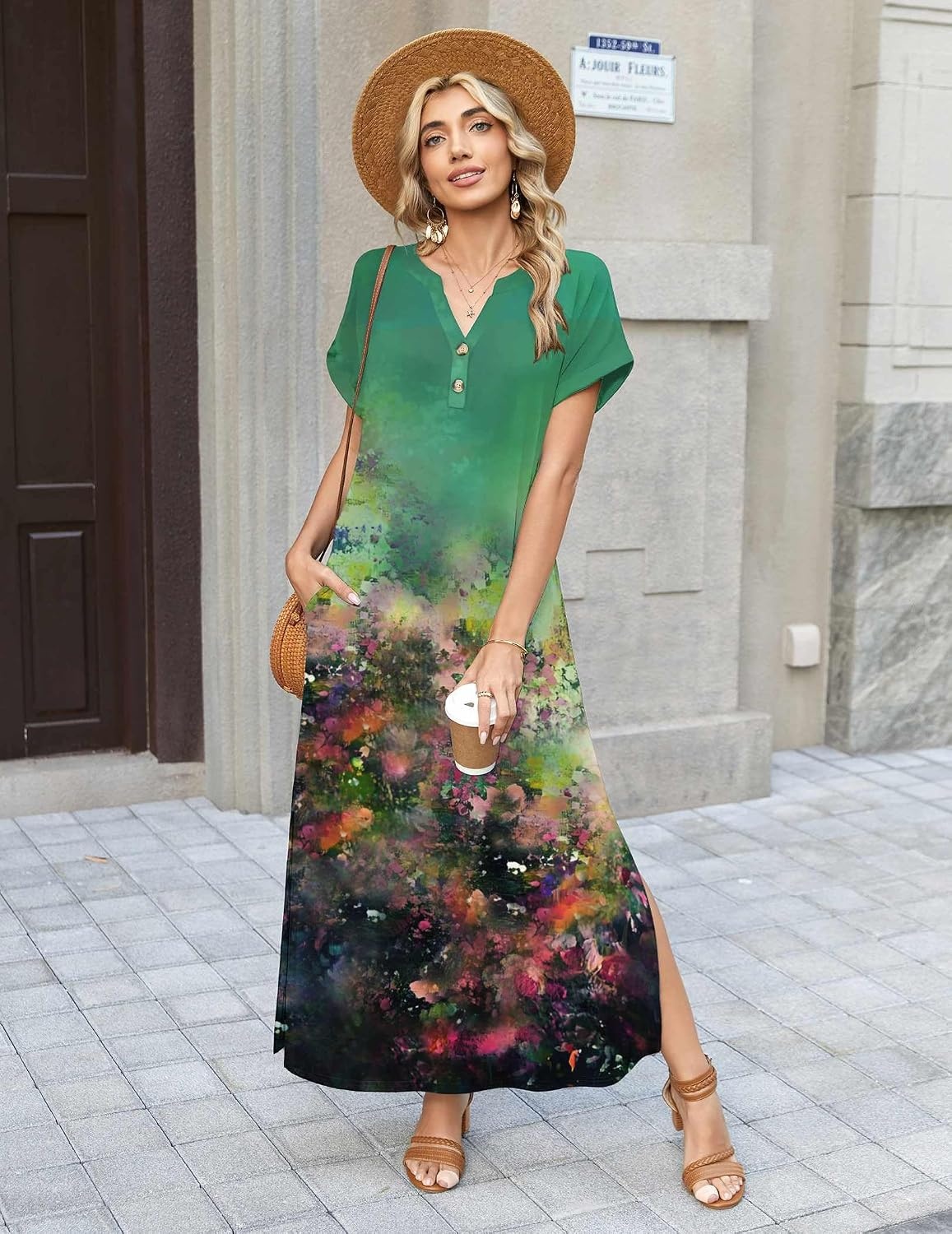 image:imageZeagoo Summer Dresses for Women 2026 Maxi Dresses Vacation Sundress Short Sleeve Casual Sundresses Split Dress with PocketsFloralcx322