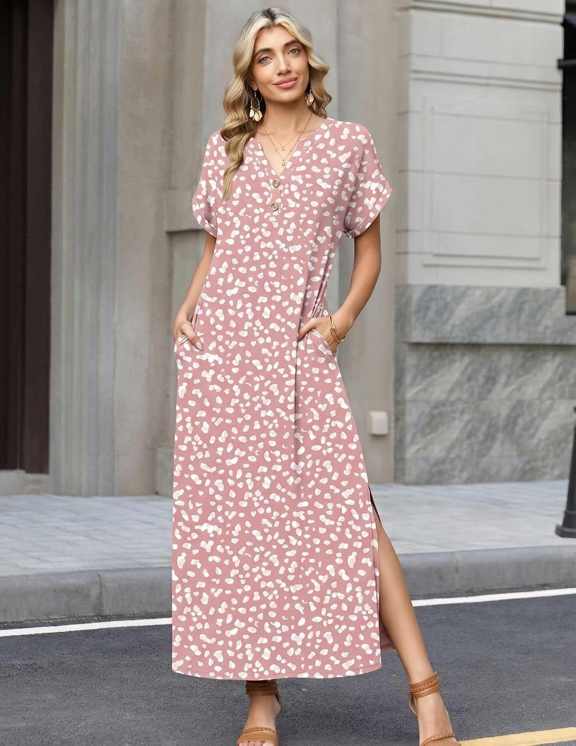 image:imageZeagoo Summer Dresses for Women 2026 Maxi Dresses Vacation Sundress Short Sleeve Casual Sundresses Split Dress with PocketsFloraljh589new