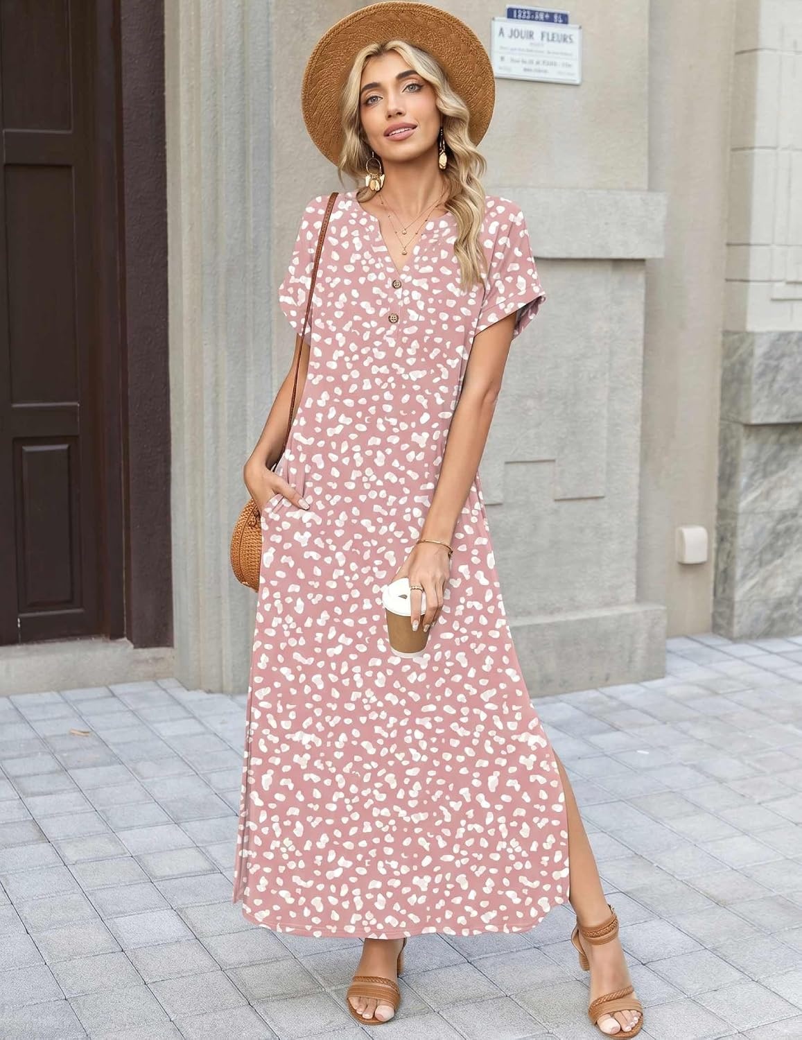 image:imageZeagoo Summer Dresses for Women 2026 Maxi Dresses Vacation Sundress Short Sleeve Casual Sundresses Split Dress with PocketsFloraljh589new