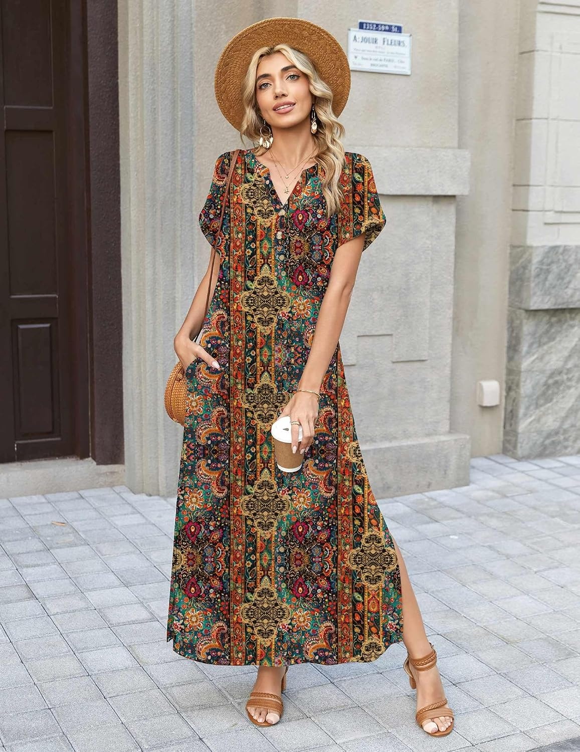 image:imageZeagoo Summer Dresses for Women 2026 Maxi Dresses Vacation Sundress Short Sleeve Casual Sundresses Split Dress with PocketsFloralmz721