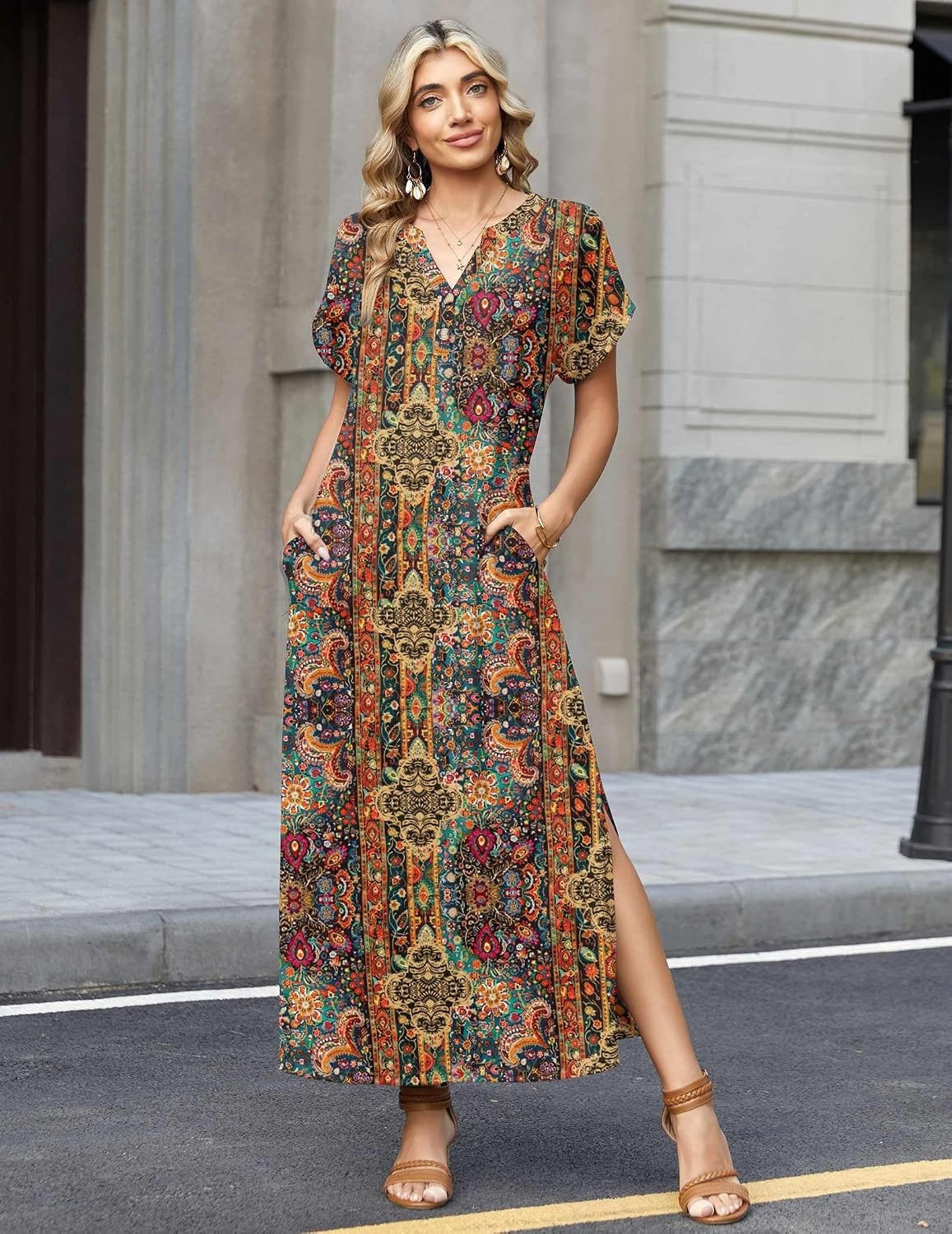 image:imageZeagoo Summer Dresses for Women 2026 Maxi Dresses Vacation Sundress Short Sleeve Casual Sundresses Split Dress with PocketsFloralmz721