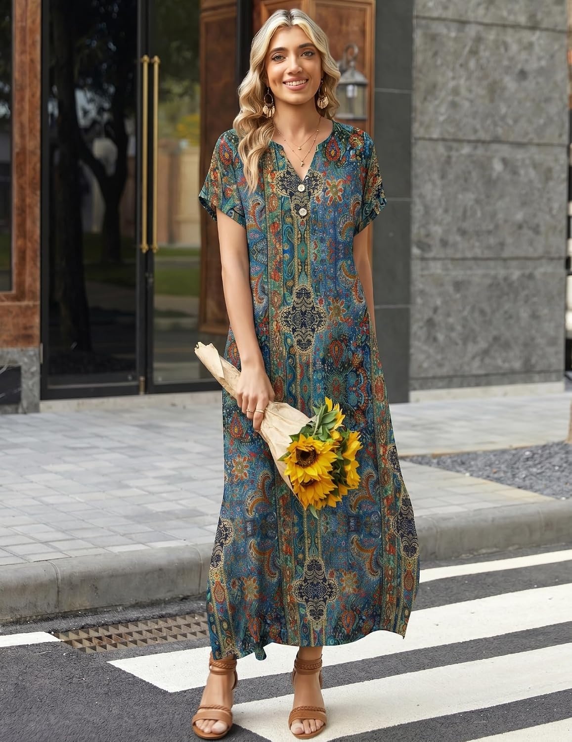 image:imageZeagoo Summer Dresses for Women 2026 Maxi Dresses Vacation Sundress Short Sleeve Casual Sundresses Split Dress with PocketsFloralmz779new
