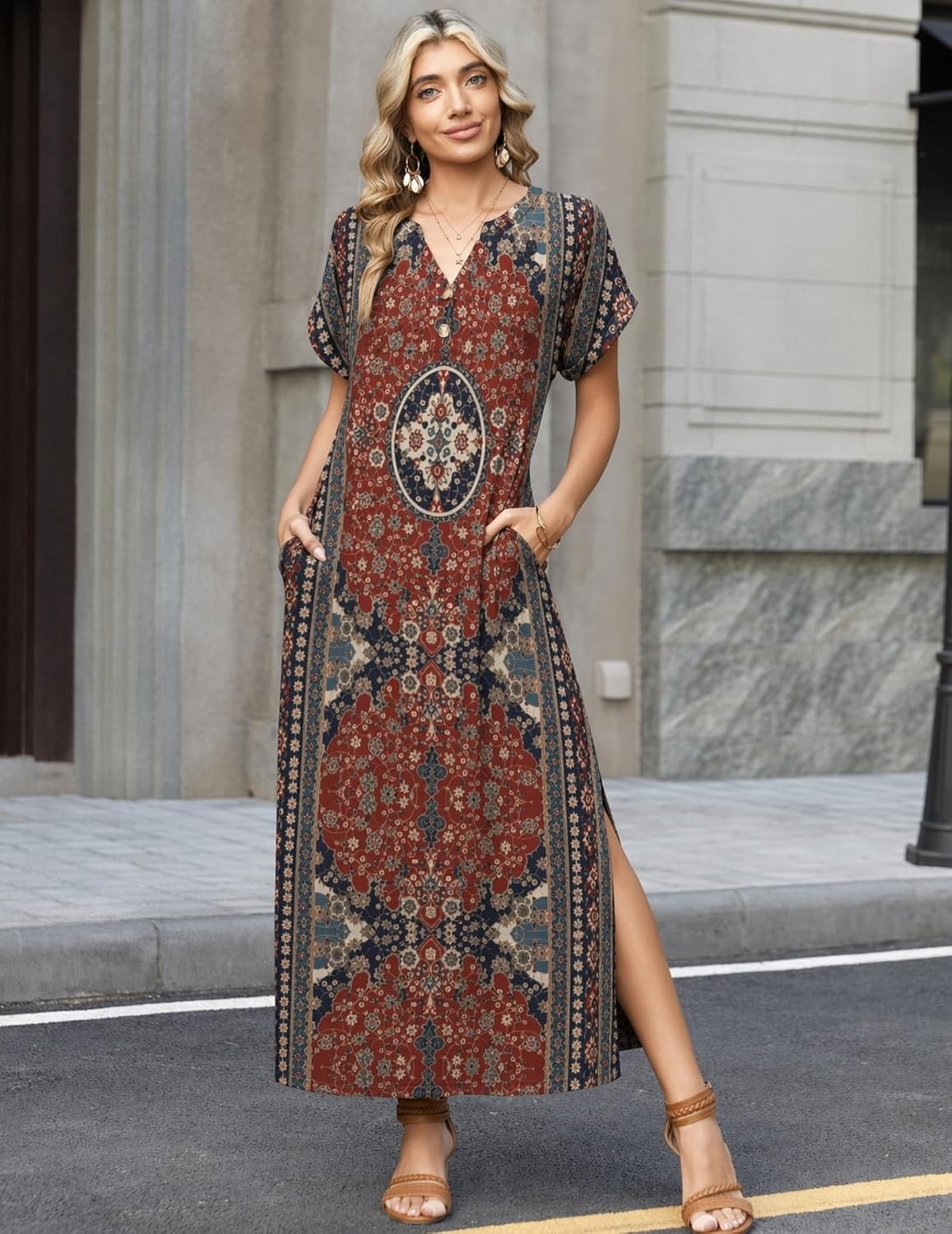 image:imageZeagoo Summer Dresses for Women 2026 Maxi Dresses Vacation Sundress Short Sleeve Casual Sundresses Split Dress with PocketsFloralmz870new