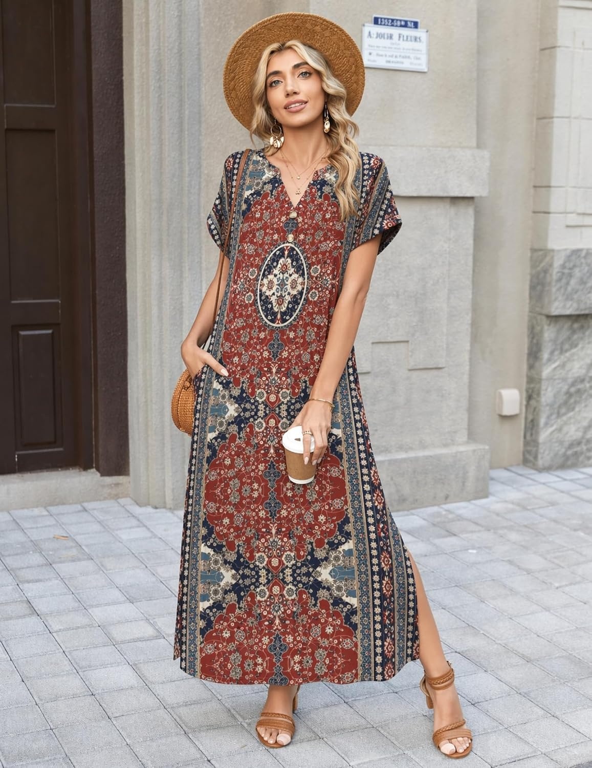 image:imageZeagoo Summer Dresses for Women 2026 Maxi Dresses Vacation Sundress Short Sleeve Casual Sundresses Split Dress with PocketsFloralmz870new