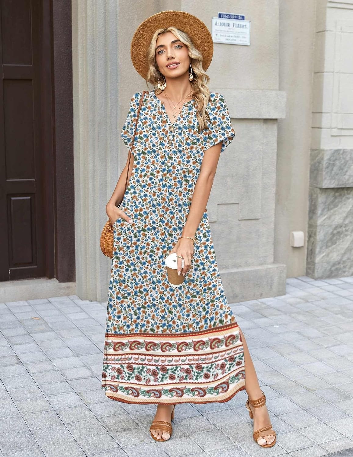 image:imageZeagoo Summer Dresses for Women 2026 Maxi Dresses Vacation Sundress Short Sleeve Casual Sundresses Split Dress with PocketsFloralmz914