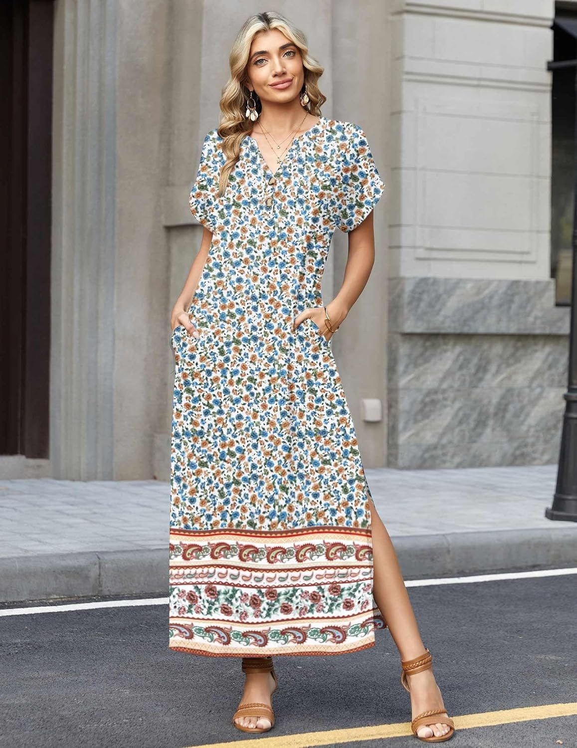 image:imageZeagoo Summer Dresses for Women 2026 Maxi Dresses Vacation Sundress Short Sleeve Casual Sundresses Split Dress with PocketsFloralmz914