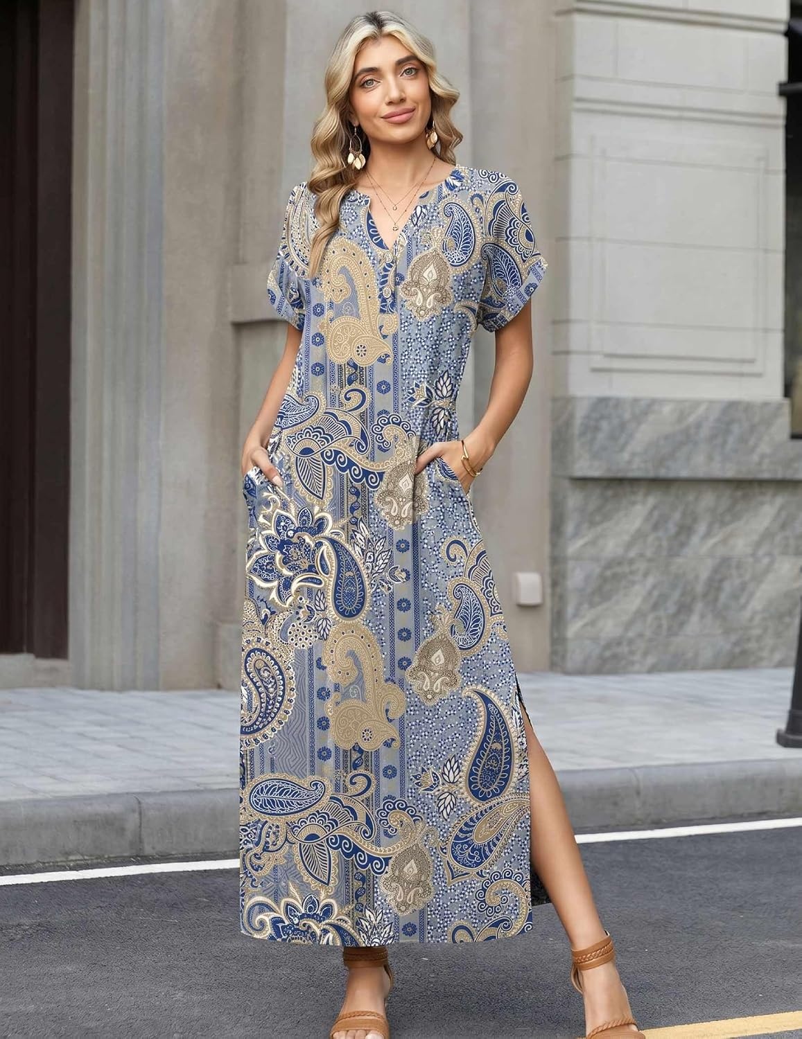 image:imageZeagoo Summer Dresses for Women 2026 Maxi Dresses Vacation Sundress Short Sleeve Casual Sundresses Split Dress with PocketsFloralmz919new