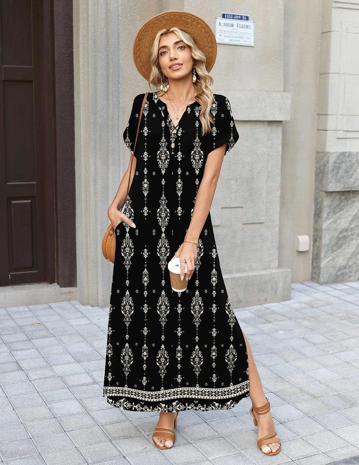 image:imageZeagoo Summer Dresses for Women 2026 Maxi Dresses Vacation Sundress Short Sleeve Casual Sundresses Split Dress with PocketsFloralmz921