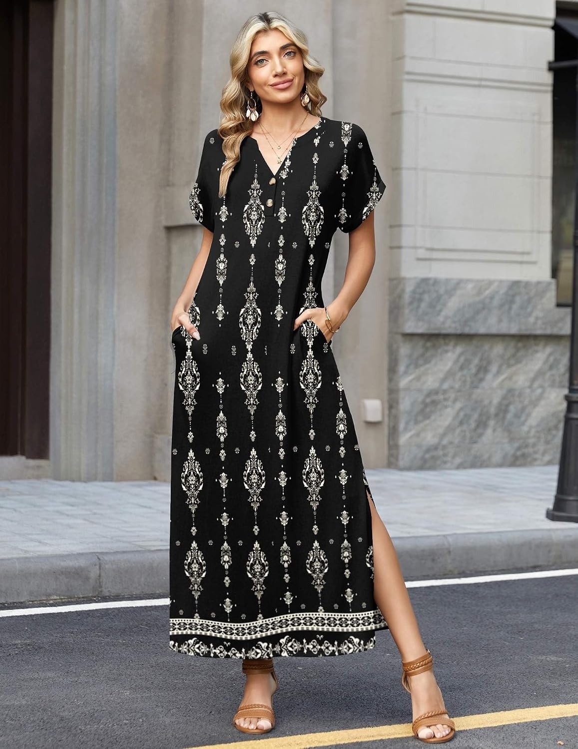 image:imageZeagoo Summer Dresses for Women 2026 Maxi Dresses Vacation Sundress Short Sleeve Casual Sundresses Split Dress with PocketsFloralmz921
