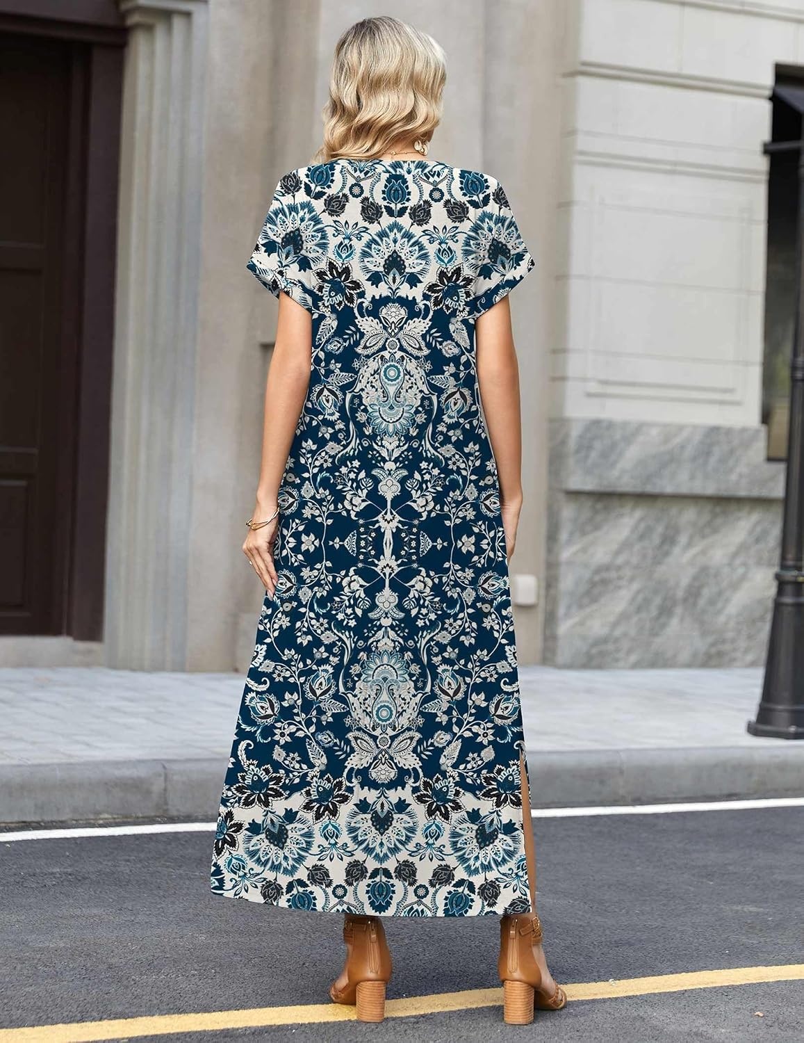 image:imageZeagoo Summer Dresses for Women 2026 Maxi Dresses Vacation Sundress Short Sleeve Casual Sundresses Split Dress with PocketsFloralmz924