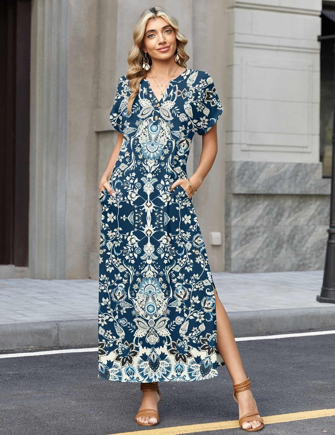 image:imageZeagoo Summer Dresses for Women 2026 Maxi Dresses Vacation Sundress Short Sleeve Casual Sundresses Split Dress with PocketsFloralmz924