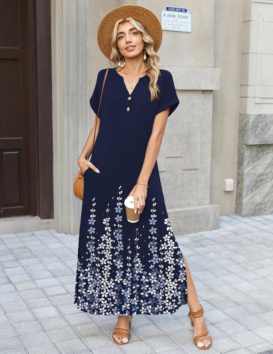 image:imageZeagoo Summer Dresses for Women 2026 Maxi Dresses Vacation Sundress Short Sleeve Casual Sundresses Split Dress with PocketsFloralsf119