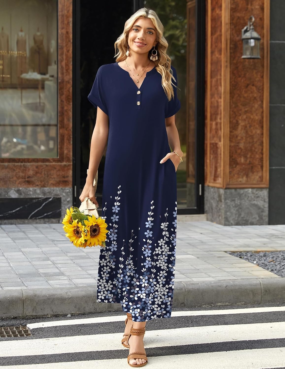 image:imageZeagoo Summer Dresses for Women 2026 Maxi Dresses Vacation Sundress Short Sleeve Casual Sundresses Split Dress with PocketsFloralsf119