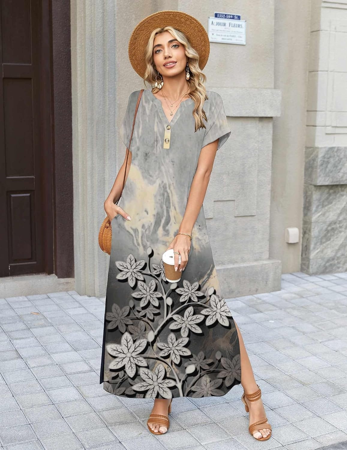 image:imageZeagoo Summer Dresses for Women 2026 Maxi Dresses Vacation Sundress Short Sleeve Casual Sundresses Split Dress with PocketsFloralsf312