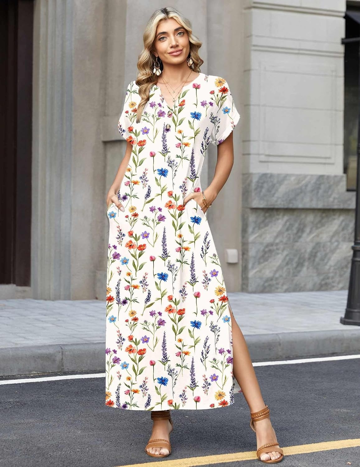 image:imageZeagoo Summer Dresses for Women 2026 Maxi Dresses Vacation Sundress Short Sleeve Casual Sundresses Split Dress with PocketsFloralwf109