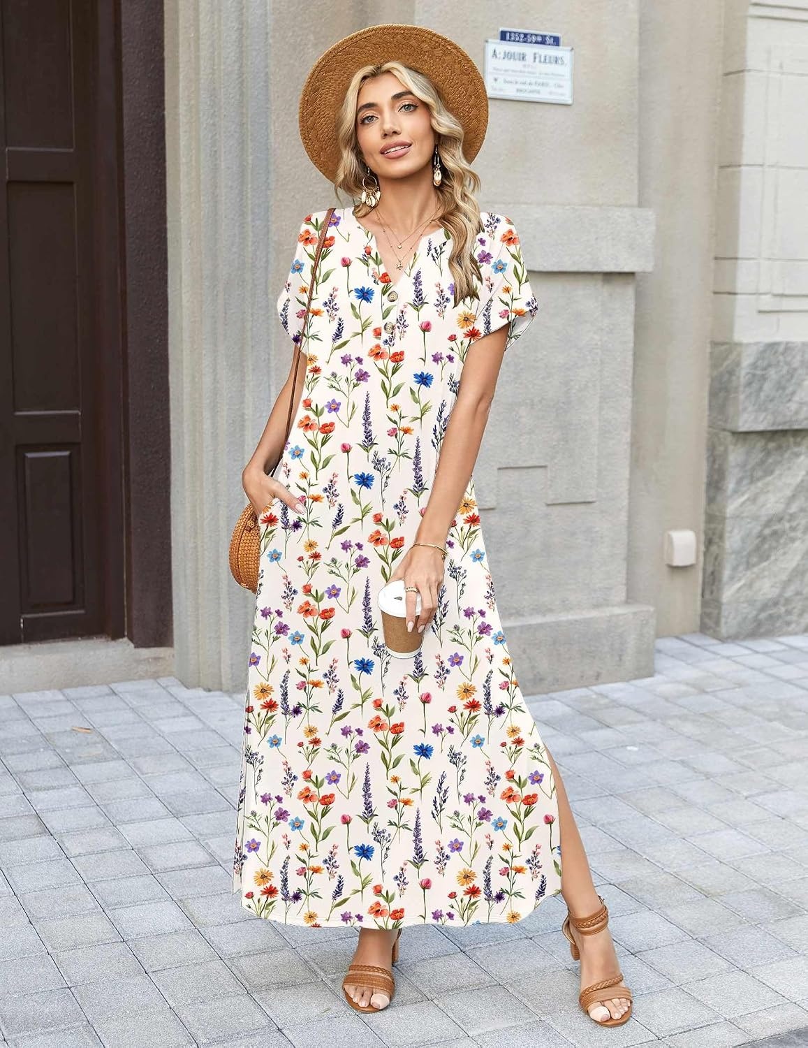 image:imageZeagoo Summer Dresses for Women 2026 Maxi Dresses Vacation Sundress Short Sleeve Casual Sundresses Split Dress with PocketsFloralwf109