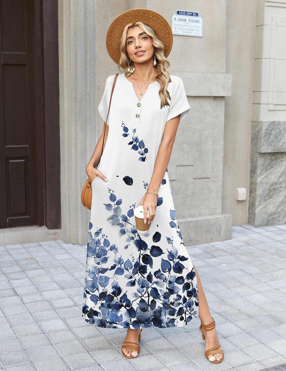 image:imageZeagoo Summer Dresses for Women 2026 Maxi Dresses Vacation Sundress Short Sleeve Casual Sundresses Split Dress with PocketsFloralwf118