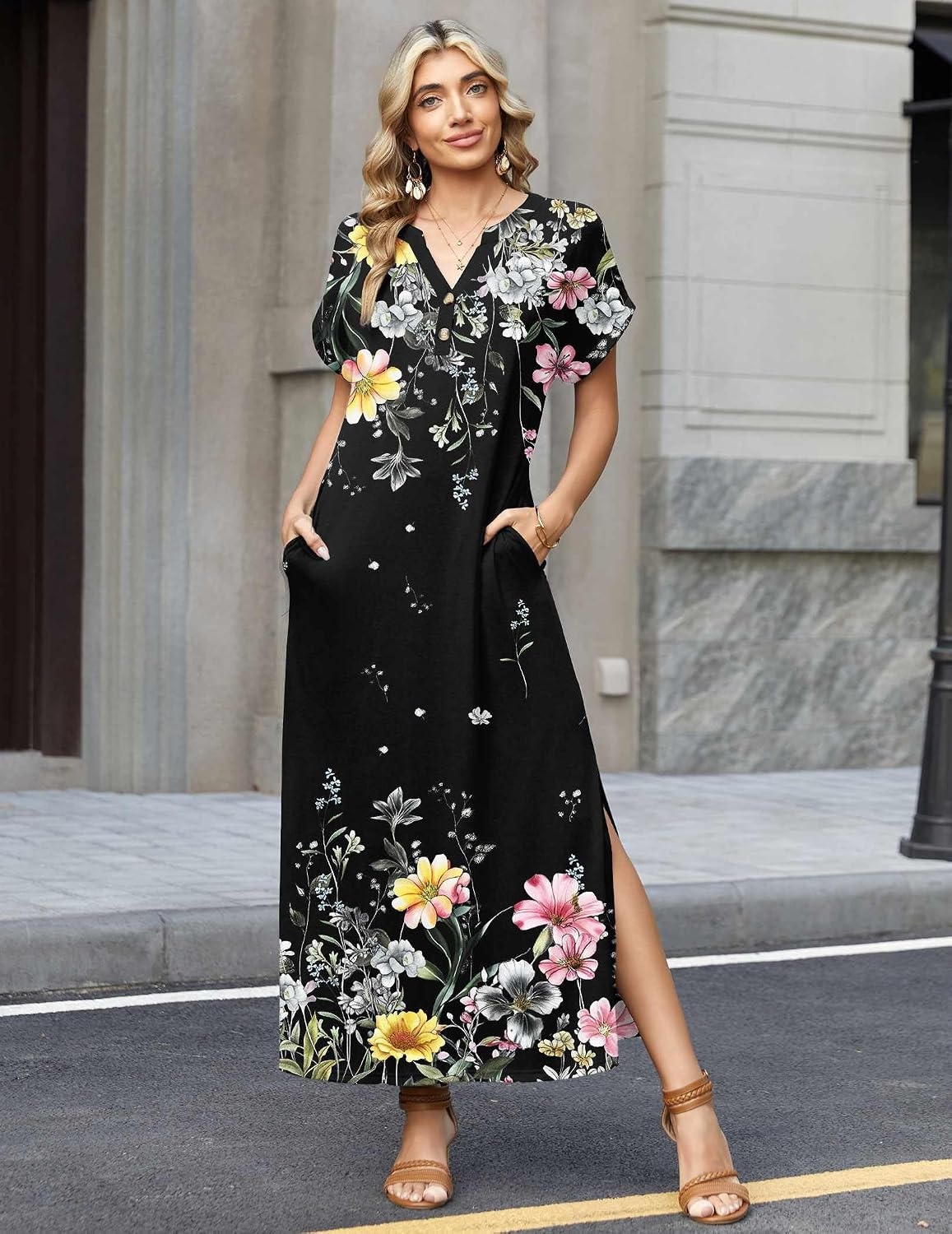 image:imageZeagoo Summer Dresses for Women 2026 Maxi Dresses Vacation Sundress Short Sleeve Casual Sundresses Split Dress with PocketsFloralwf120