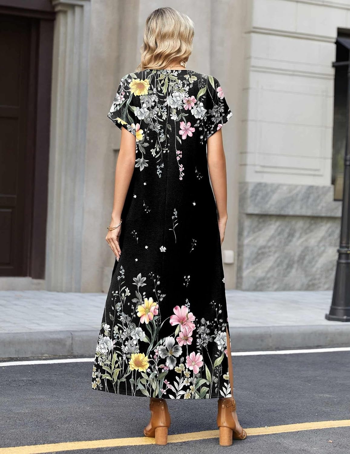 image:imageZeagoo Summer Dresses for Women 2026 Maxi Dresses Vacation Sundress Short Sleeve Casual Sundresses Split Dress with PocketsFloralwf120