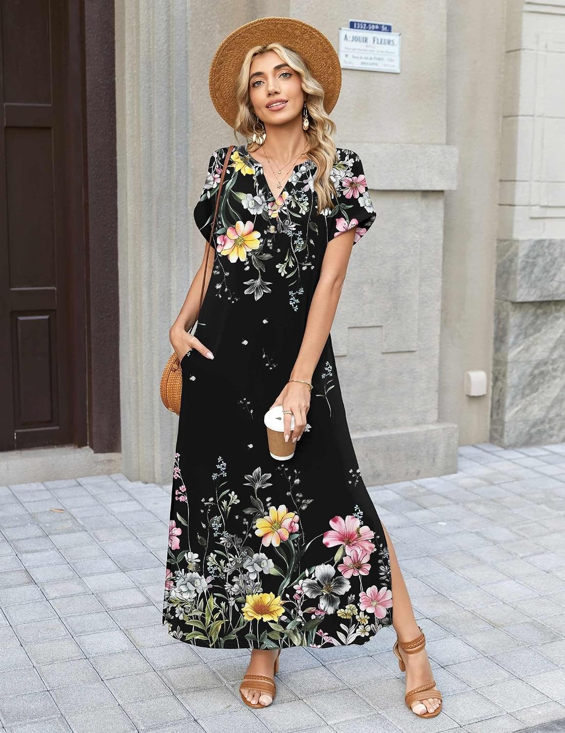 image:imageZeagoo Summer Dresses for Women 2026 Maxi Dresses Vacation Sundress Short Sleeve Casual Sundresses Split Dress with PocketsFloralwf120