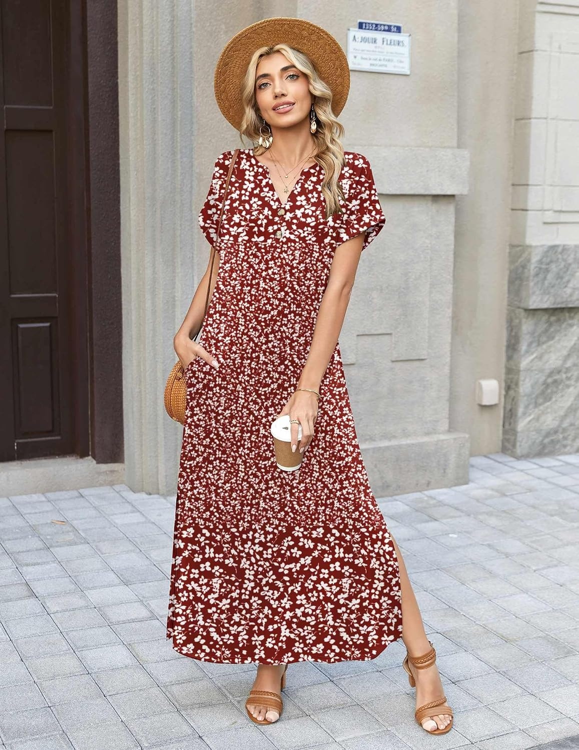image:imageZeagoo Summer Dresses for Women 2026 Maxi Dresses Vacation Sundress Short Sleeve Casual Sundresses Split Dress with PocketsFloralxh518