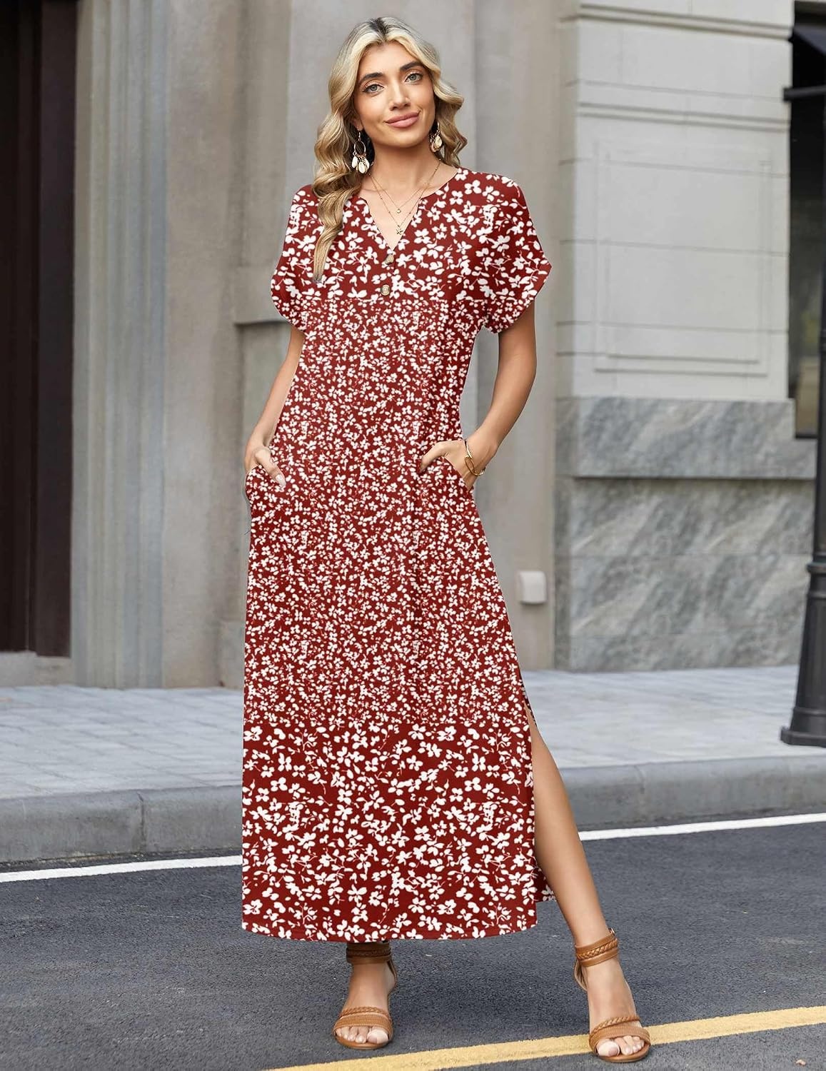 image:imageZeagoo Summer Dresses for Women 2026 Maxi Dresses Vacation Sundress Short Sleeve Casual Sundresses Split Dress with PocketsFloralxh518