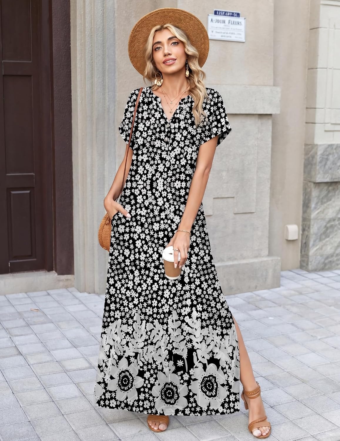 image:imageZeagoo Summer Dresses for Women 2026 Maxi Dresses Vacation Sundress Short Sleeve Casual Sundresses Split Dress with PocketsFloralxh523new
