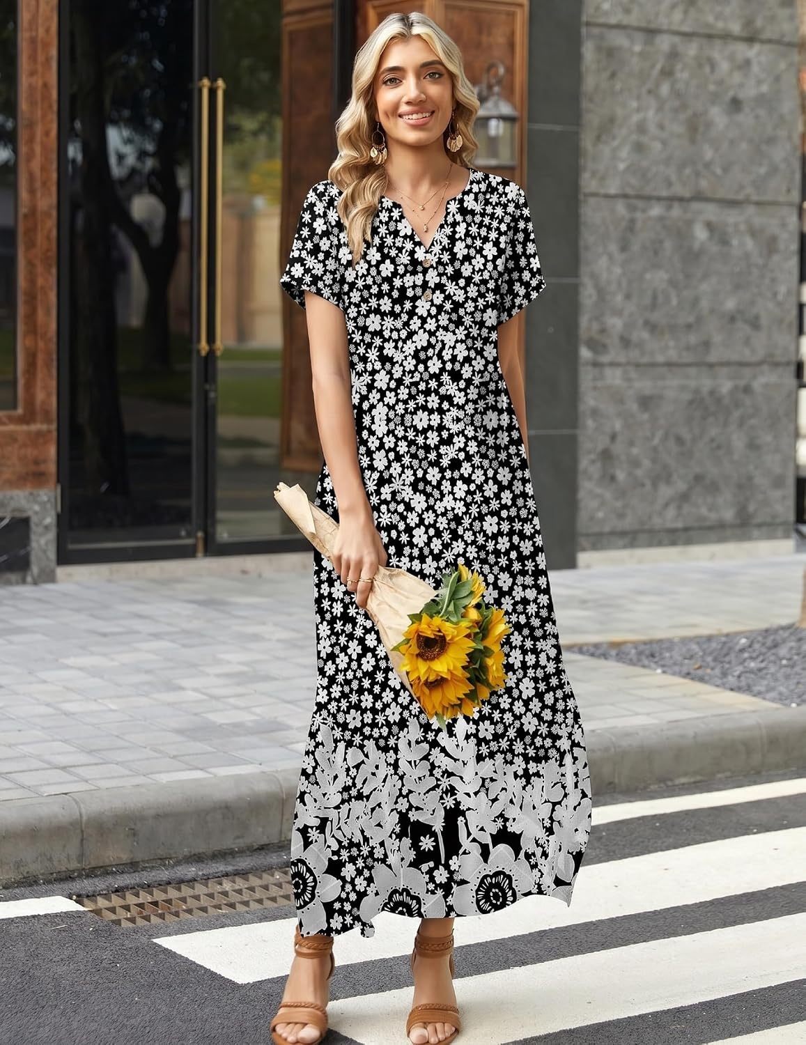 image:imageZeagoo Summer Dresses for Women 2026 Maxi Dresses Vacation Sundress Short Sleeve Casual Sundresses Split Dress with PocketsFloralxh523new