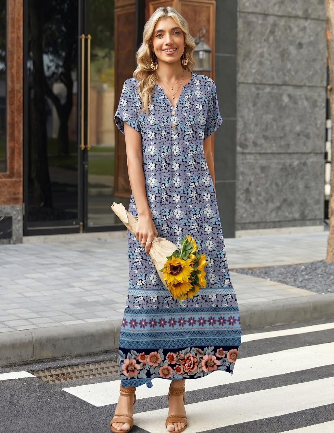image:imageZeagoo Summer Dresses for Women 2026 Maxi Dresses Vacation Sundress Short Sleeve Casual Sundresses Split Dress with PocketsFloralxh547new