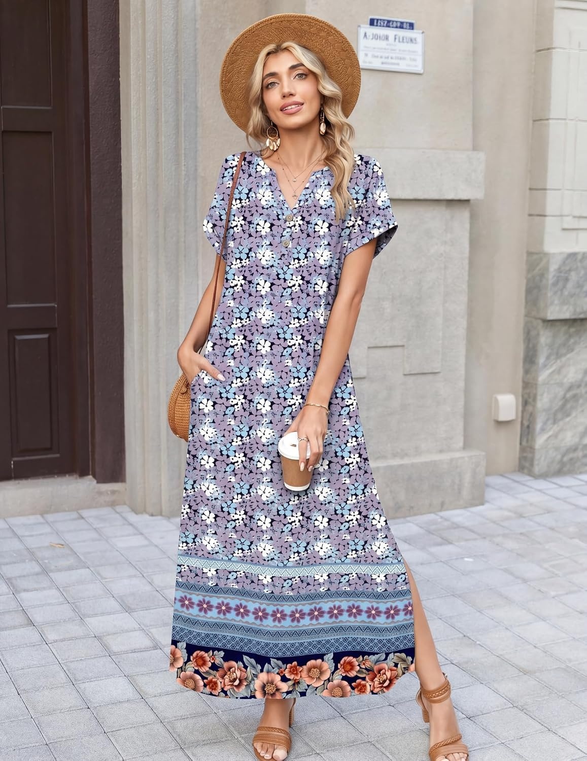 image:imageZeagoo Summer Dresses for Women 2026 Maxi Dresses Vacation Sundress Short Sleeve Casual Sundresses Split Dress with PocketsFloralxh547new