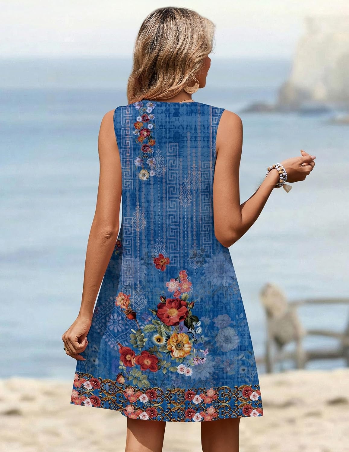 image:imageZeagoo Summer Dresses for Women 2026 Sleeveless Dress V Neck Tank Dress Pleated Floral Tshirt Sundresses with PocketsAblue Floral Print