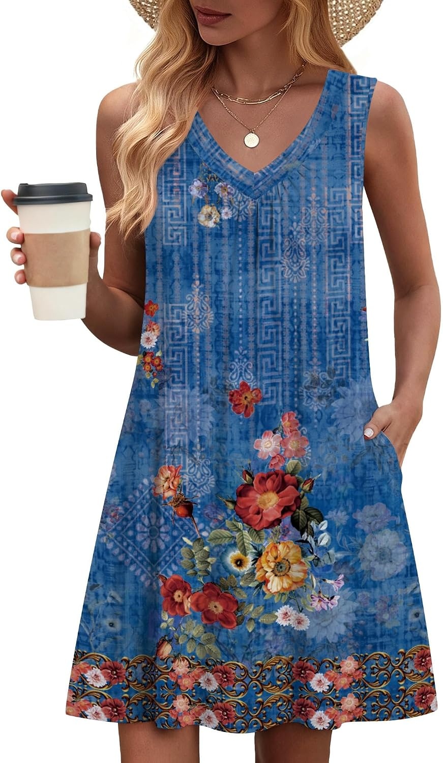 image:imageZeagoo Summer Dresses for Women 2026 Sleeveless Dress V Neck Tank Dress Pleated Floral Tshirt Sundresses with PocketsAblue Floral Print