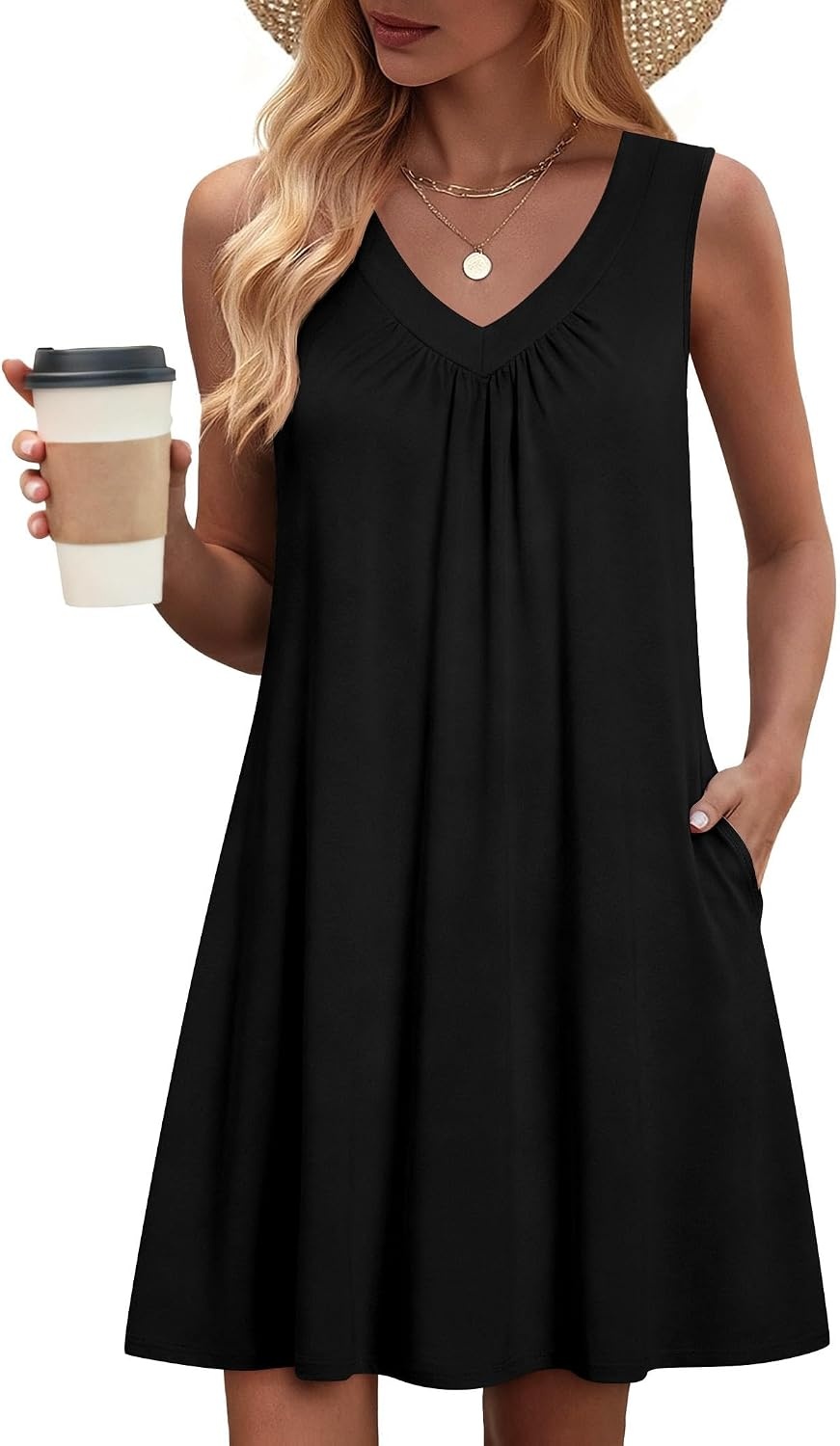 image:imageZeagoo Summer Dresses for Women 2026 Sleeveless Dress V Neck Tank Dress Pleated Floral Tshirt Sundresses with PocketsBlack