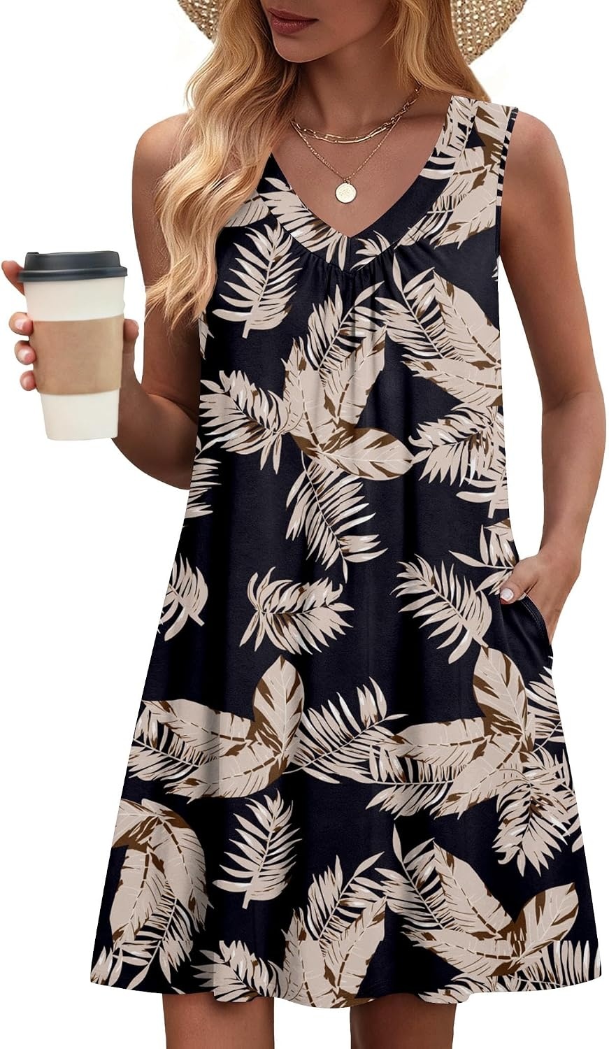 image:imageZeagoo Summer Dresses for Women 2026 Sleeveless Dress V Neck Tank Dress Pleated Floral Tshirt Sundresses with PocketsBlack Khaki Leaf